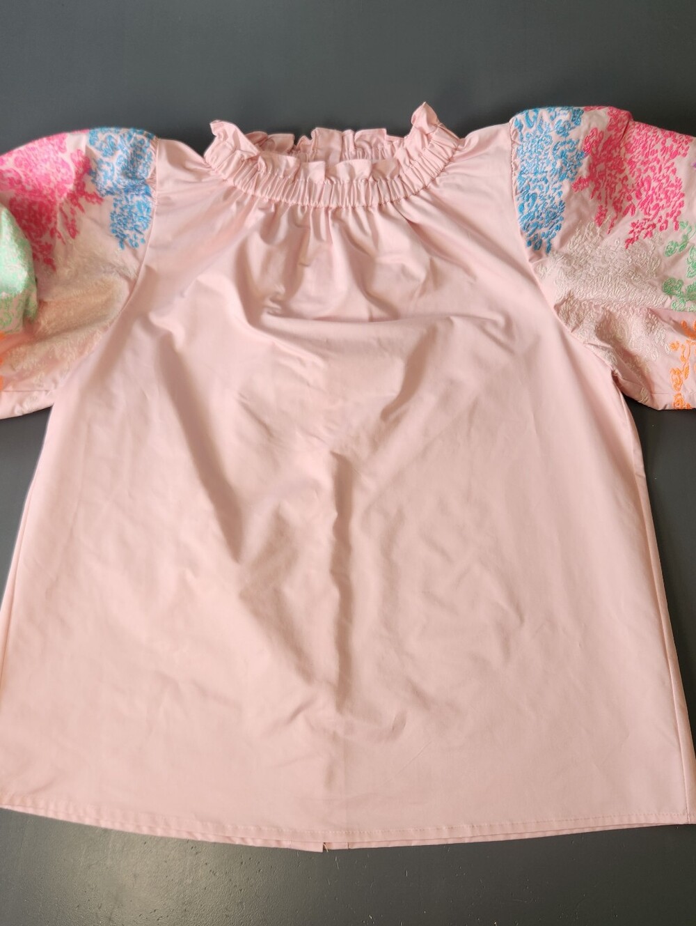 THML Pink Embroidered Puff Sleeve Button Back Blouse Large Ruffled Neck Festival - Picture 2 of 11